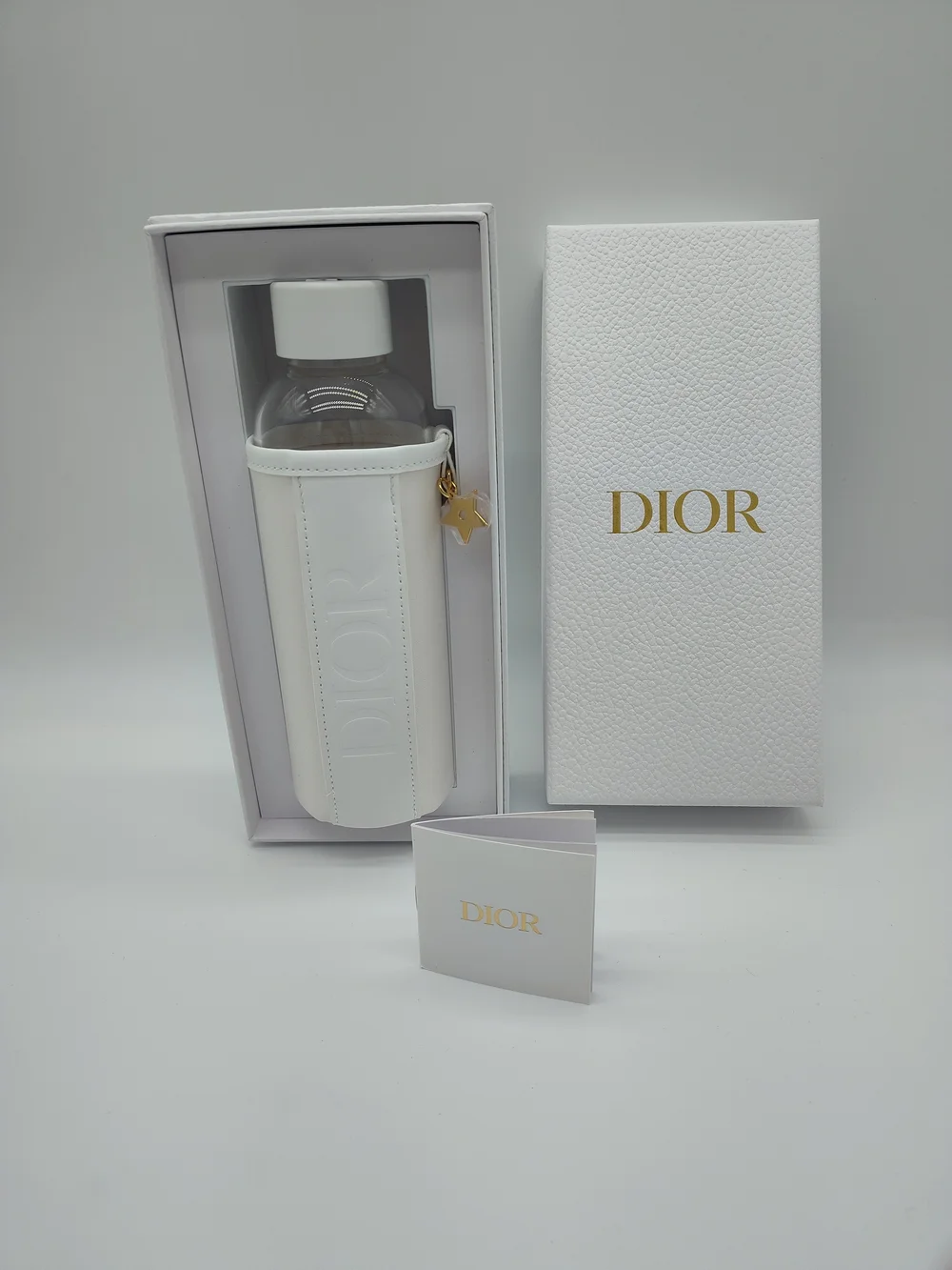 DIOR Exclusive Travel Water Bottle White Holder Gold Star Charm Gift Box NIB